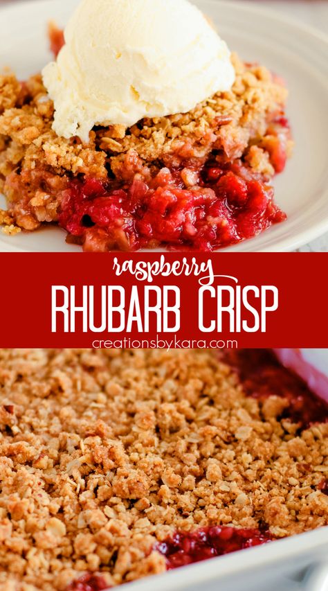 Juicy Raspberry Rhubarb Crisp topped with buttery oat topping is a perfect summer dessert. It's hard to beat with a scoop of vanilla ice cream! #rhubarbcrisp #raspberryrhubarbcrisp #rhubarb #easyrhubarbcrisp -Creations by Kara Rhubarb Crisp Recipe, Raspberry Crisp, Rhubarb Recipes Crisp, Raspberry Rhubarb, Rhubarb Crisp, Fruit Crisp, Best Casseroles, Impressive Recipes, Magic Recipe