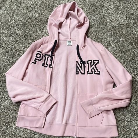 VS Pink full zip up Victoria Secret Zip Up Hoodie, Pink Zip Up, Pink Hoodie Outfit, Jade Aesthetic, Building A Closet, Hoodie Outfit Aesthetic, Desired Wardrobe, Hat Aesthetic, Cute Hoodies