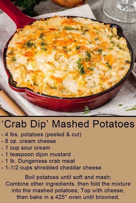 Crab And Potato Recipes, Crab Mashed Potatoes, Seafood Mashed Potatoes, Boil Potatoes, Seafood Dish Recipes, Crab Dishes, Delicious Seafood Recipes, Dungeness Crab, Crab Dip