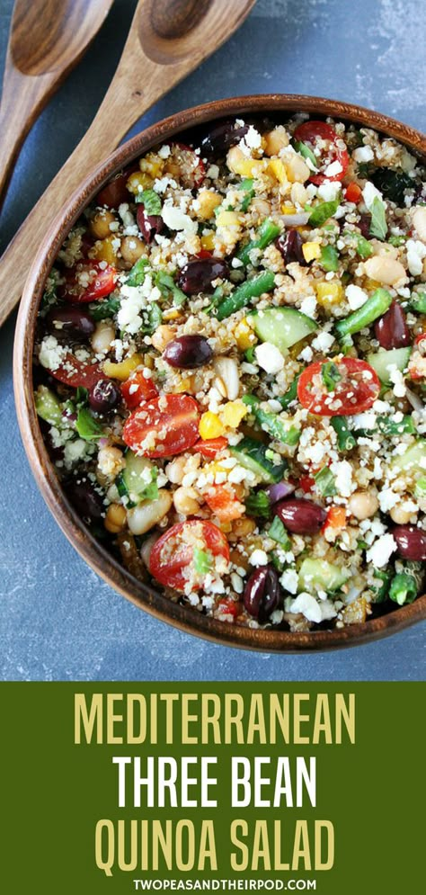 This protein-packed quinoa salad is full of flavor and great served as a main dish or side dish. Visit twopeasandtheirpod.com for more simple, fresh, and family friendly meals. #quinoa #healthy #heathyeating #healthyrecipes Bean Quinoa Salad, Salad With Quinoa, Bean Quinoa, Mediterranean Salad, Mediterranean Diet Recipes, Quinoa Recipes, Bean Salad, Quinoa Salad, Family Friendly Meals