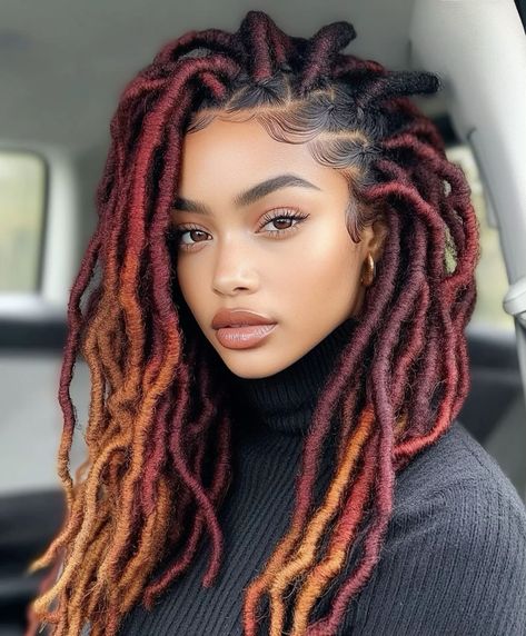 Calico Locs, Reporter Hairstyles, Copper Red Locs, Orange Locs Black Women, Locs Real Hair, Auburn Locs, Loc Color Ideas Black Women, Big Locs, Barrel Locs