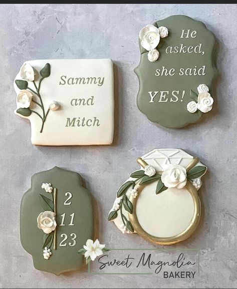 Sage Green Wedding Cookies, Sweet 16 Treats, Wedding Sugar Cookies, Lingerie Bridal Shower, Forest Green Wedding, Green Bridal Showers, Engagement Cookies, Bridal Cookies, Cookies Decoration