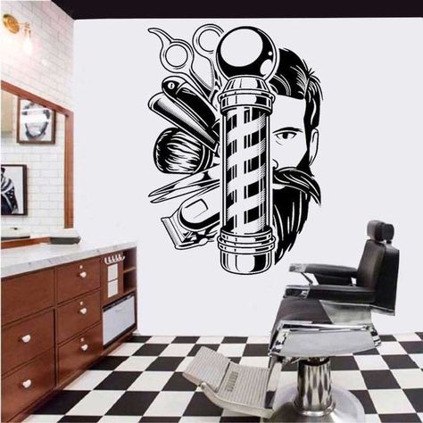 Saloon Wall Painting Ideas, At Home Barber Shop Ideas, Barbershop Window Design, Saloon Wall Design, Barber Shop Decor Ideas Wall Art, Barber Painting, Barber Shop Art, Salon Door, Barber Shop Pictures