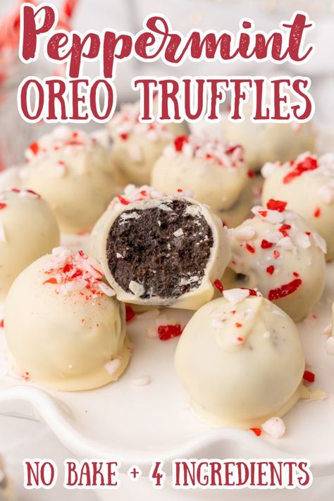 Peppermint Oreo Truffles – No bake truffles made from peppermint oreos and topped with white chocolate and a crushed candy canes! These truffles are perfect for the holidays or as a dessert for any party! Oreo Truffles | Peppermint Desserts | No Bake Christmas Recipes | Truffle Recipe #christmas #peppermint #truffles Dessert Cobbler, Oreo Cookie Balls Recipe, Cookie Balls Recipe, Brownie Vegan, Oreo Truffles Recipe, Oreo Cookie Balls, Brownie Truffles, Cookie Balls, Coconut Dessert