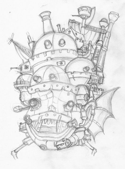 Howl's moving castle WIP by Feartakyuubi Howl's Moving Castle Sketch, Drawing Howl's Moving Castle, Howls Moving Castle Printable, Machines Drawing, Howls Moving Castle Castle, Howls Moving Castle Castle Drawing, Howell Moving Castle Drawing, Howls Castle Drawing, Howls Moving Castle Journal Spread