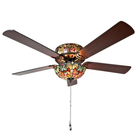 August Grove® Ummuhan 52'' Ceiling Fan with Light Kit & Reviews | Wayfair Antique Ceiling Fans, Ceiling Fan Direction, Tiffany Style Lighting, Ceiling Fan Size, Bronze Fixtures, Best Ceiling Fans, Tiffany Stained Glass, White Light Bulbs, Flush Mount Ceiling Fan