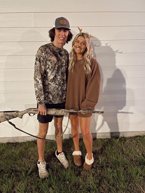 Couple Dress Up Costumes, Two Man Halloween Costumes, Doe And Hunter Couple Costume, At Home Couple Costumes, Hunting Costume Ideas, Deer And Hunter Costume Couple, Dynamic Duo Couples Costumes, Hunter And Doe Couple Costume, Hunting Couple Halloween Costumes