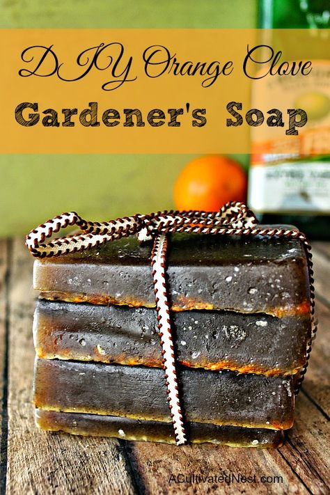 DIY Orange Olive Oil Gardener's Soap- This heavenly scented exfoliating DIY Orange Clove Gardeners bar soap works really well for garden soil stained hands as well as for oil stained hands! | DIY, homemade soap, homemade beauty products, gardening Glycerin Soap Recipe, Stained Hands, Savon Diy, Lye Soap, Diy Soaps, Orange Clove, Bar Of Soap, Soap Recipe, Making Soap