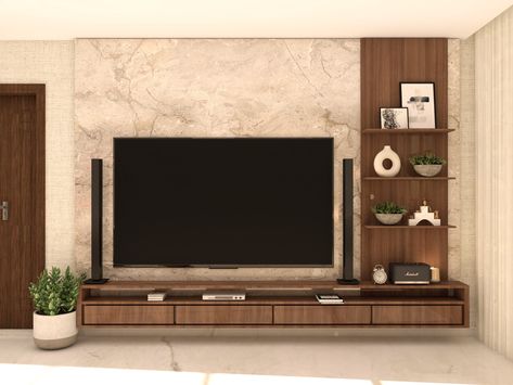 Wooden modular TV unit with marble wall tile Tile Tv Unit, Traditional Tv Unit Design, Tv Unit Design Simple, Tv Unit With Marble, Brown Tv Unit, Modular Tv Unit, Simple Tv Unit Design, Tv Cabinet Design Modern, Tv Unit Designs