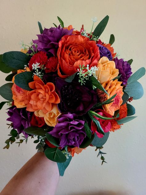 Navy Purple Orange Wedding, Purple Autumn Wedding Flowers, Red Purple Orange Wedding Flowers, Red Orange Purple Wedding, Plum Orange Green Wedding, Purple And Orange Wedding Bouquets, Plum Orange Wedding, Fall Wedding Colors With Purple, Colourful Wedding Bouquets Brides