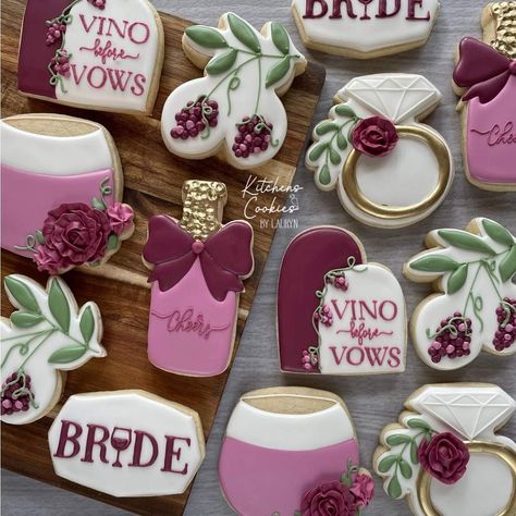 Winery Bridal Shower Cookies, Wine Bridal Shower Cookies, Wine Bachelorette Cookies, Vino Before Vows Cookies, Wine Themed Cookies, Winery Themed Bachelorette Party, Vineyard Bridal Shower Ideas, Vino Before Vows Bridal Shower Ideas, Wine Bachelorette Party Theme