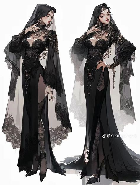 Dark Fashion Illustration, Game Clothes Design, Dnd Witch Outfit, Dnd Ball Outfit, Goth Dress Drawing, Victorian Dnd Character, Black Dress Sketch, Dnd Outfits Inspiration, Goth Art Drawing