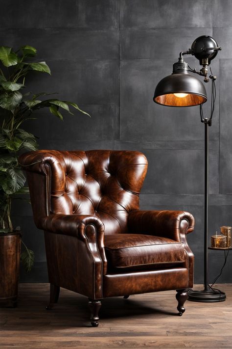 Discover the charm of this exquisite vintage leather armchair, perfect for adding sophistication to any living space. Featuring a classic tufted design and rich brown leather, this statement piece complements modern and traditional interiors alike. Enhance your home decor with a touch of luxury that invites comfort and style. Ideal for cozy reading nooks or stylish living rooms, this armchair is a must-have for interior design enthusiasts. Leather Chair Reading Corner, Dark Academia Armchair, Vintage Reading Corner, Leather Accent Chairs For Living Room, Reading Chair Corner, Leather Reading Chair, Armchair Corner, Vintage Leather Chair, Vintage Arm Chair