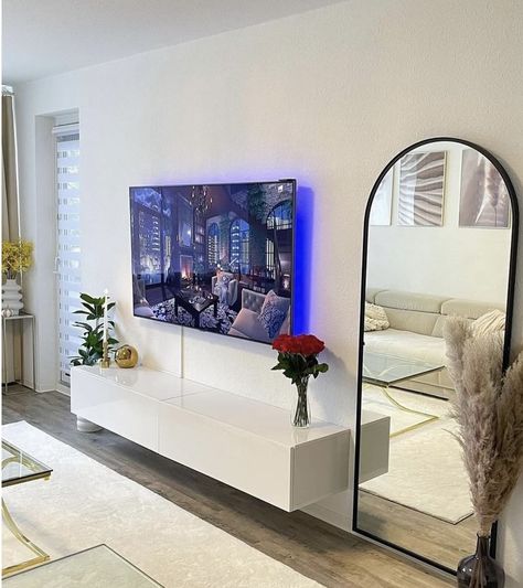 Mirror By Tv, Mirror On Tv Wall, Tv And Mirror On Same Wall, Tv Wall Design With Mirror, Mirrors Next To Tv On Wall, Tv Mirror Wall, Tv In Between Two Windows, Modern Organic Tv Wall, Tv Wall With Mirror