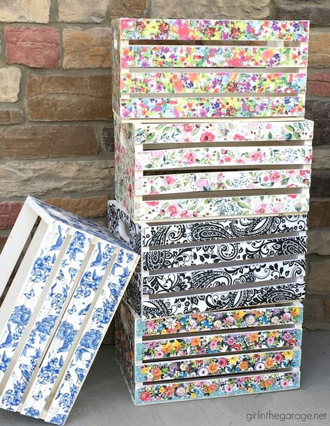 Decoupage Napkin Crates, Framed Cork Boards, and Drawer Shelves - Girl in the Garage® Crate Crafts, Decorative Paper Napkins, Mod Podge Crafts, Decoupage Wood, Napkin Decoupage, Framed Cork Board, Decoupage Diy, Decoupage Furniture, Wooden Craft