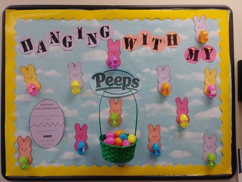 Easter Bulletin Boards For Work, Easter School Bulletin Boards, Easter Bulletin Boards Preschool, Peeps Bulletin Board Ideas, Easter Bulletin Boards For Daycare, Easter Bunny Bulletin Board Ideas, Daycare Wall Ideas, Peeps Bulletin Board, Easter Bulletin Board Ideas