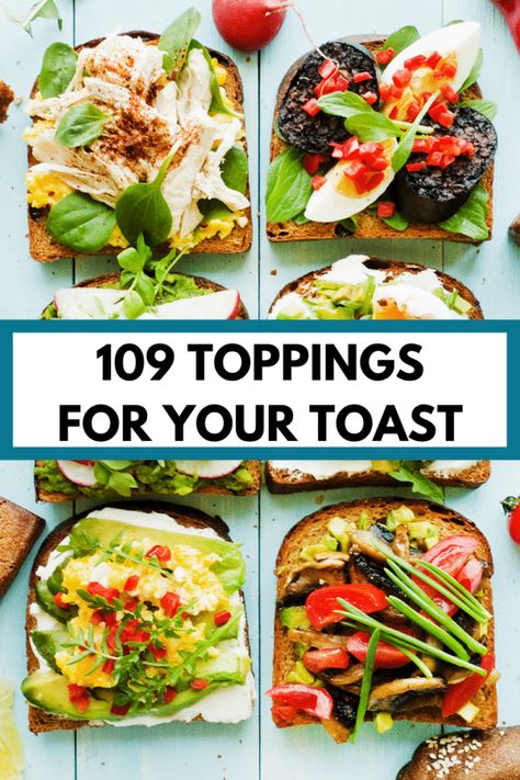 These 109 toppings for toast can be mixed and matched for fun and delicious toast. Tips to make healthy toast toppings, too! Healthy Toast Toppings, Blueberry Toast, Gourmet Toast, Healthy Toast, Sourdough Toast, Simple Healthy Recipes, Toast Sandwich, Toast Toppings, Bread Toast