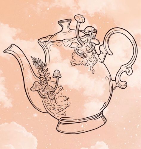 Chip Teacup Tattoo, Teapot Art Drawing, Mushroom Jar Tattoo, Teacup Tattoo Design, Tea Pot Tattoo, Tea Bag Tattoo, Terrarium Tattoo, Teacup Drawing, Tea Cup Tattoo