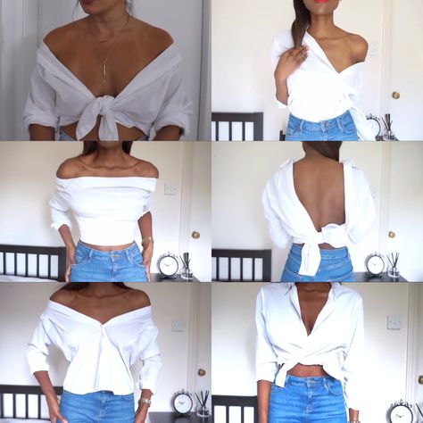 Shirt Style For Women Fashion, Way To Wear A Shirt, How To Style Shirt In Different Ways, Different Ways To Wear A Shirt, How To Style Shirts Women, Shirt Dress Diy, How To Wear Shirt, Upcycle Clothes Diy, Diy Vetement