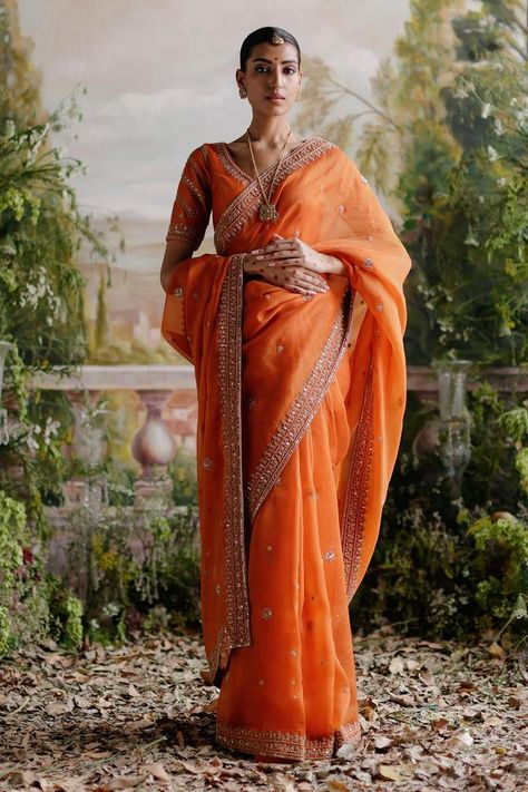 Orange Organza Saree, Eye Embroidery, Haldi Outfits, Burnt Orange Weddings, Saree And Blouse, Mehendi Outfits, Saree Floral, Orange Saree, Eternal Beauty