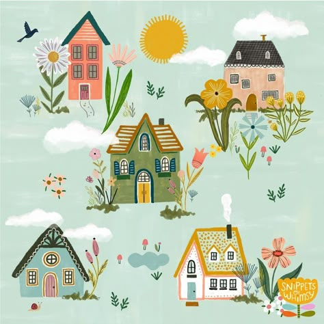 Kenzie Kae Elston | Illustration & Design (@snippetsofwhimsy) • Фото и видео в Instagram Houses Neighborhood, Houses To Draw, Door Illustration, Cottage Illustration, Illustration For Kids, Glass Fusing Projects, House Sketch, Flower Art Drawing, Cute Cottage