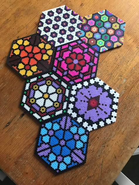 Stained Glass Perler Bead Patterns, Hexagon Perler Bead Patterns, Hama Coaster, Perler Bead Coasters, Perler Coasters, Hama Art, Christmas Perler Beads, Easy Perler Bead Patterns, Artsy Gift