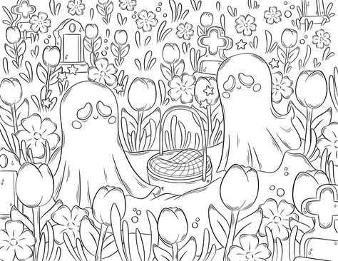 Coloring page featuring a cute kawaii ghost having a picnic on. #Kawaii #Ghost_Coloring #Kawaii_Ghost #Halloween_Coloring_Sheets Ghost Coloring, Coloring Halloween, Cute Halloween Coloring Pages, Chibi Coloring Pages, Kawaii Ghost, Halloween Coloring Sheets, Wal Art, Color Drawing Art, Art 2024