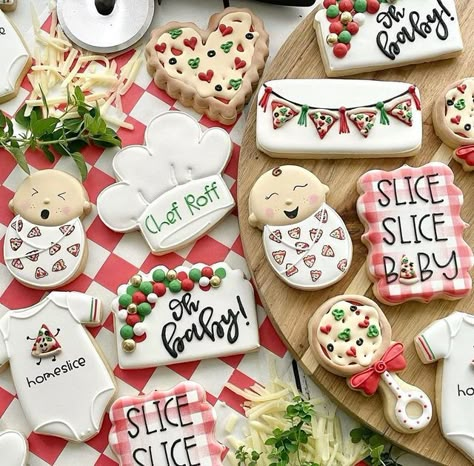 Pizza Theme Dessert Table, Gender Reveal Ideas For Party Pizza, Italian Themed Gender Reveal, Italian Gender Reveal, Pizza Theme Baby Shower Ideas, Half Birthday Cookies, Pizza Party Baby Shower Ideas, Slice Slice Baby Pizza Party, Pizza Baby Shower Theme