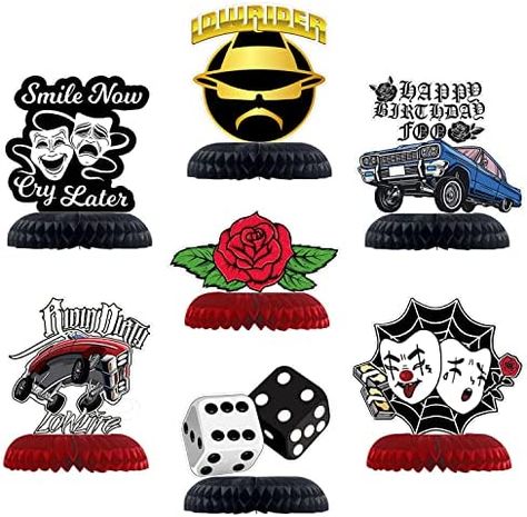 Ships within 24 Hours or Less! Buy This Product Form Our Website For Your Amazing Party! 7 PCS Cholo Lowrider Birthday Party Supplies, Early 2000s Party Honeycomb Centerpieces Table Topper, Double-Sided Table Decor for Lowrider 90s Themed Party Decor Shop at https://www.homepartyking.com/product/7-pcs-cholo-lowrider-birthday-party-supplies-early-2000s-party-honeycomb-centerpieces-table-topper-double-sided-table-decor-for-lowrider-90s-themed-party-decor Lowrider Decorations, Lowrider Birthday Party, Lowrider Party Decorations, Cholo Party Decorations, Chola Party, 90s Themed Party, Early 2000s Party, 16 Gifts, Centerpieces Table