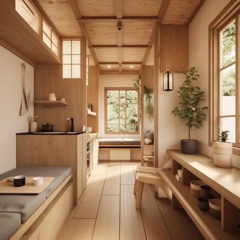 Japandi meets tiny house: the perfect match! Japanese Inspired Home Interior, Tiny Space Kitchen, Functional Tiny House, Camping Interior Design, Japanese Styled Home, Japandi Tiny Apartment, House Interior Japanese, Japandi Small House, Tiny House Inspiration Interiors