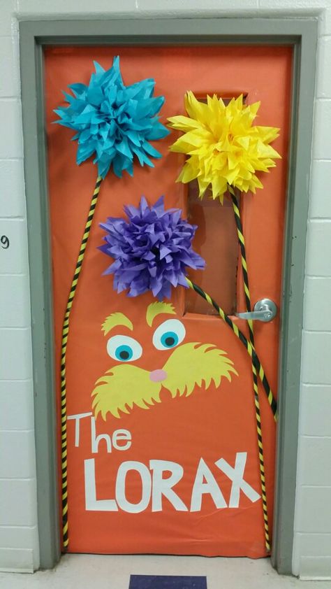 The Lorax 🌺🌳🌹 Lorax Door Decoration, Seuss Decorations, Lorax Craft, Dr Seuss Decorations, Lorax Party, Joy School, Hoco 2024, Ra Boards, School Door Decorations