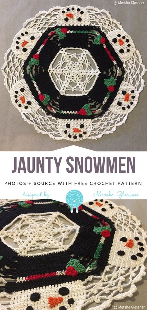 Jaunty Snowmen Free Crochet Pattern - Free Crochet Patterns Christmas Doily, Crochet Thread Patterns, Granny Square Häkelanleitung, Xmas Projects, Holiday Crochet Patterns, Poncho Patterns, Christmas Crochet Patterns Free, Free Crochet Doily Patterns, Crochet Snowman