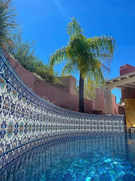 Balian hand decorated waterline pool tiles for a stunning pool installation in Arizona. Pool Aesthetics, Pool Tile Ideas, Decorative Pool Tiles, Waterline Pool Tile, Pool Tile Designs, Swimming Pool Liners, Pool Liner, Swimming Pool Tiles, Pool Liners