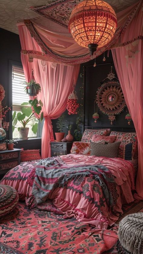 Explore bohemian chic with pink and black bedroom ideas for women. Layered textures, rich patterns, and eclectic decor pieces create a free-spirited and stylish bedroom that’s full of personality and charm. Room Decor Bedroom Black, Black Pink Room, Black Bedroom Ideas For Women, Bedroom Ideas Black And White, Black And Pink Room, Black And Pink Bedroom, Pink And Black Bedroom Ideas, Pink And Black Bedroom, Pink Room Ideas