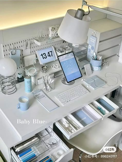 Blue Desk Aesthetic, Blue Room Decor, Small Room Makeover, Study Vlog, Study Desk Decor, Blue Desk, Aesthetic Study, Aesthetic Room Ideas, Desk Inspo