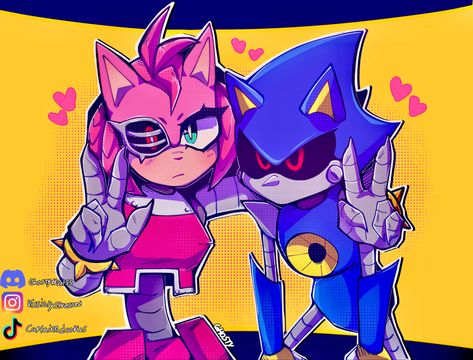 The art is made by me! I have linked my socials in case any of you would like to see more art Rusty Rose X Metal Sonic, Sonic The Hedgehog Fanart, Sonic The Hedgehog Art, Sonic Comic, Metal Sonic, Sonic Prime, Rusty Rose, Sonic Heroes, Sonic And Amy