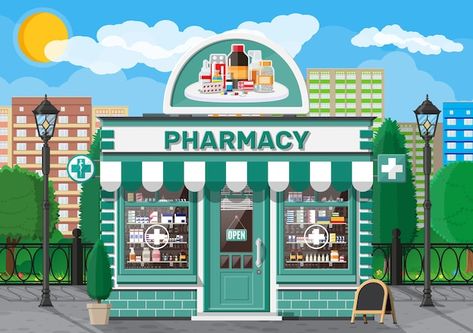 Facade pharmacy store with signboard | Premium Vector #Freepik #vector #pharmacy-store #drugstore #medical-store #street-shop Pharmacy Art, Christmas Lights Background, Green Leaf Background, Pharmacy Store, Gift Vector, Pharmacy Design, Christmas Landscape, Cloud Vector, Vision Board Pictures