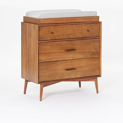 Mid-Century 3-Drawer Changing Table - Acorn | west elm Moody Nursery, Mid Century Nursery, Serene Bathroom, Changing Table Pad, Minimalist Closet, Mid Century Dresser, Big Kids Room, 3 Drawer Dresser, Kids Dressers