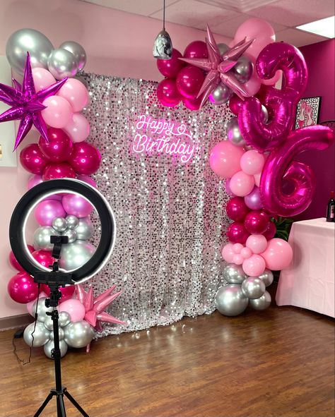 Silver Pink Birthday Decoration, Pink And Silver Birthday Photoshoot, Hot Pink And Silver Birthday Party, All Pink Party Decoration, Pink And Silver Disco Party, Pink Out Party Ideas, Barbie Backdrop Ideas, Sweet 16 Party Ideas Themes Pink And Silver, Pink Glitz And Glam Party Decorations