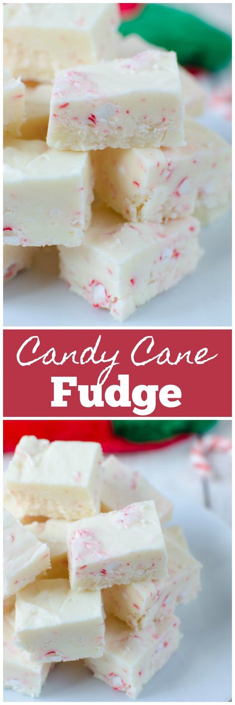 Candy Cane Fudge - homemade white chocolate fudge with crushed peppermints! Easy, delicious, and perfect for Christmas! Candy Cane Fudge, Candy Cane Dessert, Candy Cane Recipe, Crushed Peppermint, Hot Chocolate Fudge, Peppermint Fudge, Cookie Exchange Recipes, Microwave Fudge, Easy Candy