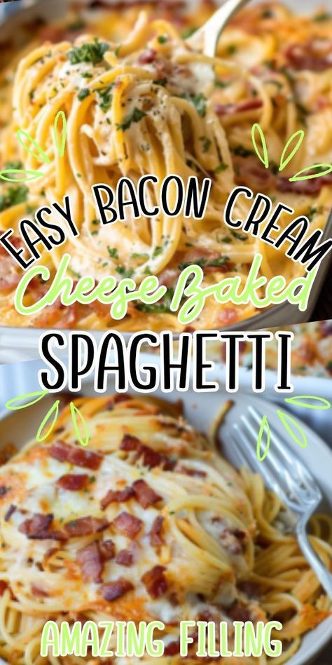 Easy Bacon Cream Cheese Baked Spaghetti—a decadent twist on a classic pasta dish that's sure to delight your taste buds. This creamy and flavorful recipe features al dente spaghetti coated in a rich cream cheese sauce, mixed with crispy bacon pieces, and baked to golden Cream Cheese Baked Spaghetti, Cheese Baked Spaghetti, Cream Cheese Spaghetti, Cream Cheese Sauce, Easy Bacon, Cheese Baked, Easy Cheese, Baked Casserole, Pasta Dinner Recipes