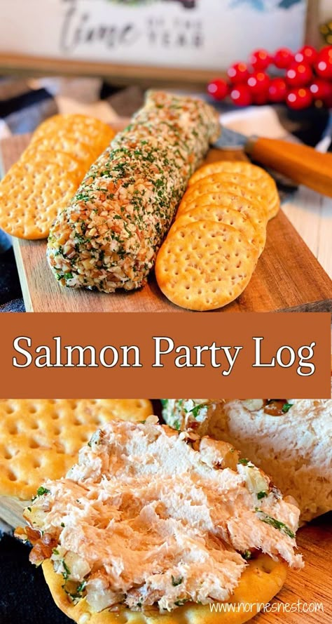 Photo of whole Salmon Log on cutting board with crackers and another photo of a cracker with salmon log spread on it. Smoked Salmon Balls Recipes, Salmon Party Food, Salmon Log Recipe, Salmon Cheese Ball Recipes, Hot Salmon Dip, Smoked Salmon Cheese Ball, Salmon Appetizer Recipes Finger Foods, Salmon Party Recipes, Salmon Hors D’oeuvres