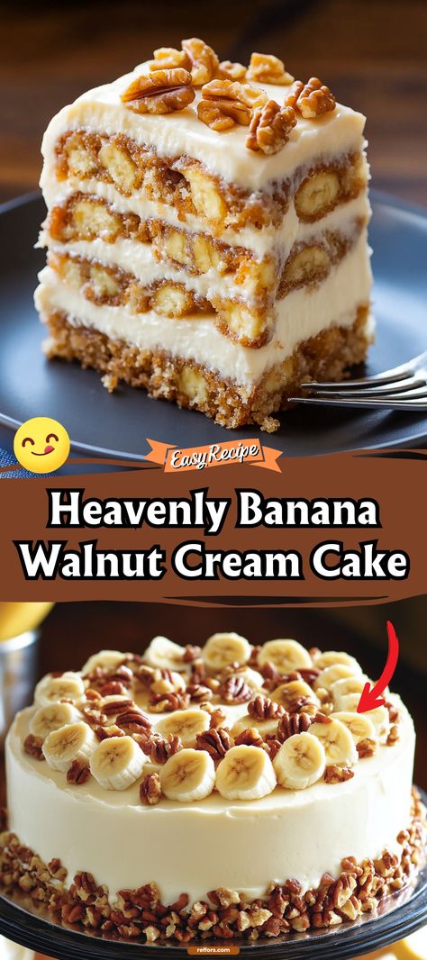 Delight in the divine layers of this Heavenly Banana Walnut Cream Cake, where ripe bananas meet crunchy walnuts and a velvety cream frosting. It's a comforting, elegant dessert that turns any meal into a special occasion. #BananaWalnutCake #CreamCake #ElegantDessert Banana Butterscotch Cake, Banana Walnut Cream Cake Recipe, Heavenly Banana Walnut Cream Cake Recipe, Banana Cream Pie For A Crowd, Banana Thanksgiving Desserts, Banana Walnut Cake Recipe Moist, Banana Desserts With Ripe Bananas, Banana Cake With Cream Cheese Icing, Banana Walnut Cream Cake