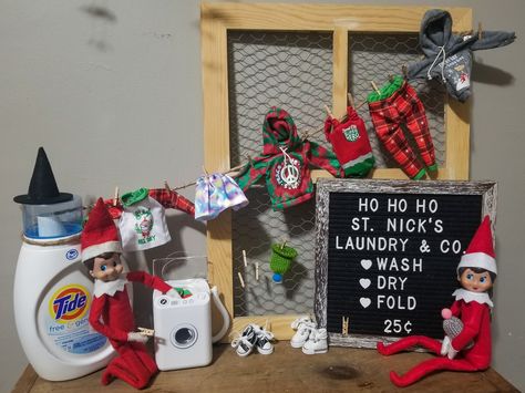 Elf on the Shelf laundry day. Elf On The Shelf Laundry Room, Day 2 Elf On The Shelf Ideas, December 24th Elf On The Shelf, Elf On Shelf Astronaut, Elf On The Shelf Surfing, Elf On The Shelf And Dinosaurs, Elf Stuff, Elf On The Shelf With Pez Dispenser, Elf On Shelf