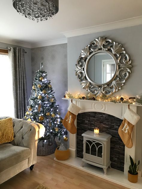 Living Room Decor Mustard And Grey, Grey And Ochre Bedroom, Grey And Ochre Living Room, Xmas Living Room, Living Room For Christmas, Chtistmas Tree In Navy Room, Christmas Living Rooms, Christmas 2019, New Look