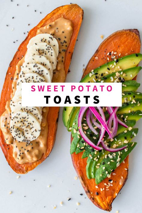 Toaster Sweet Potato Toast, Vegan Breakfast Sweet Potato, Vegan Sweet Potato Recipes Breakfast, Toaster Oven Sweet Potato, Sweet Potato Toast Recipes, Sweet Potato Breakfast Ideas, Raw Sweet Potato Recipes, Sweet Potato Toaster Oven, Sweet Potato Recipes Breakfast