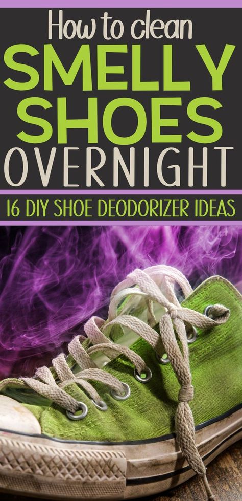 Pin text reads "How to clean smelly shoes overnight - 16 DIY shoe deodorizer ideas" Background image is a smelly green Converse shoe that needs shoe deodorizer DIY home hacks to remove shoe odor. Clean Smelly Shoes, Diy Shoe Deodorizer, Smelly Shoes Remedies, Stinky Shoes Remedy, Odor Eliminator Diy, Natural Shoe Deodorizer, Shoe Odor Remover, How To Make Boots, Make Your Home Smell Good