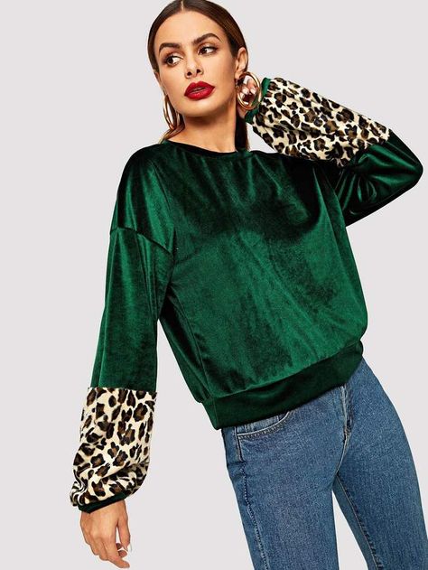 Shein Leopard Panel Velvet Sweatshirt Velvet Sweatshirt, Women Sweatshirts, Jean Trends, The Leopard, Cool Hoodies, Sweaters And Jeans, Shein Style, Casual Sweatshirt, Clothing Women