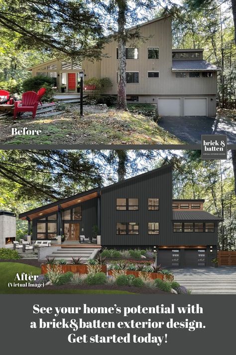 Modernizing Brick Home, Mcm House Exterior Makeover, 80s Exterior House, Before And After Outside House, 1980s Contemporary Home Exterior, Landscaping Before And After, Midcentury Modern Exterior Painted Brick, Mid Century Modern Exterior 2 Story, Midcentury Modern 2 Story House