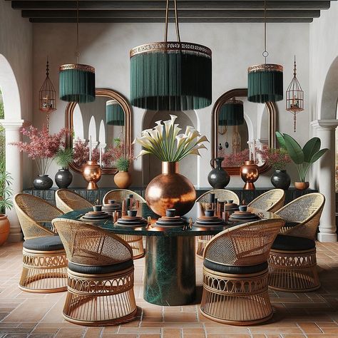 🇲🇽 My @giLherrera twist of Modern Mexican Hacienda Outdoor Dining to with a Cabo Touch (Copper vases, Porcelain Terracotta Dinnerware, Black Oaxaca Ceramic Pots, Rattan Dark Green Velvet Chairs, Tassel Chandeliers😘) EXCLUSIVELY at CoLores Decor 🥳♥️ . At CoLores Decor Our team is constantly experimenting with textures & “WOW” styles for a UNIQUE statement design for any room…Introducing TOP 🇲🇽 MeXican Artisan Design & CATAPULTING our culture’s Talent through the vision of our founder, GiL He... Terracotta Dinnerware, Modern Mexican Hacienda, Outdoor Pool Bar, Green Velvet Chair, Mexican Hacienda, Boho Dining Room, Artisan Decor, Velvet Chairs, Palm Springs Style